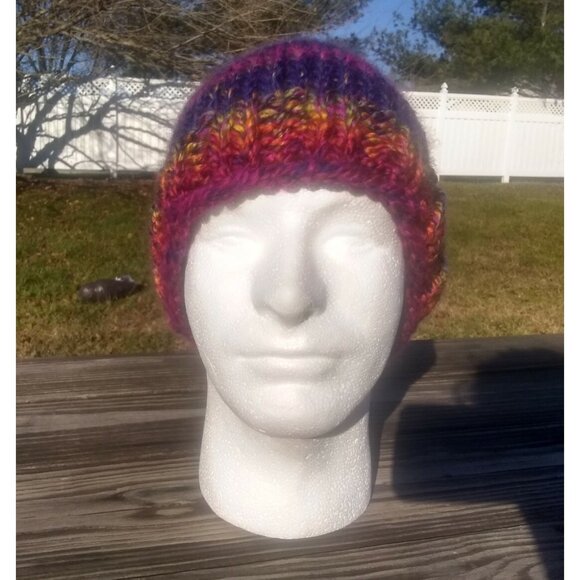 Women's Handmade Beanie Hat Cap Knit Slouch Twilight Plains Blue Fuchsia Chunky - Picture 3 of 9